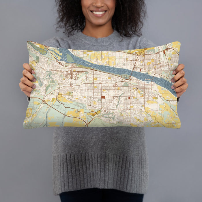 Person holding 20x12 Custom Kennewick Washington Map Throw Pillow in Woodblock