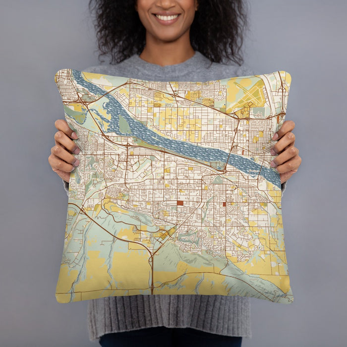 Person holding 18x18 Custom Kennewick Washington Map Throw Pillow in Woodblock