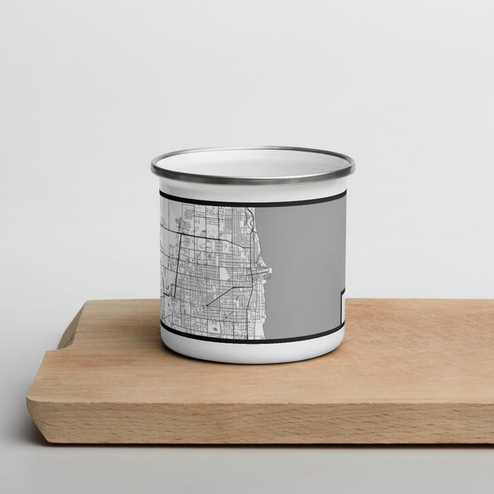 Front View Custom Kenosha Wisconsin Map Enamel Mug in Classic on Cutting Board