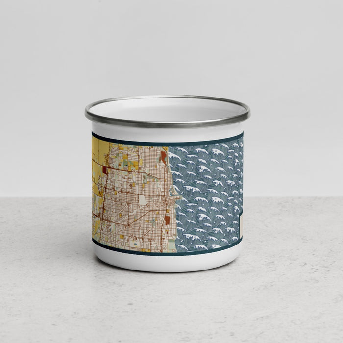 Front View Custom Kenosha Wisconsin Map Enamel Mug in Woodblock
