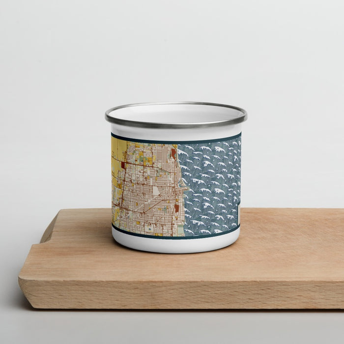 Front View Custom Kenosha Wisconsin Map Enamel Mug in Woodblock on Cutting Board