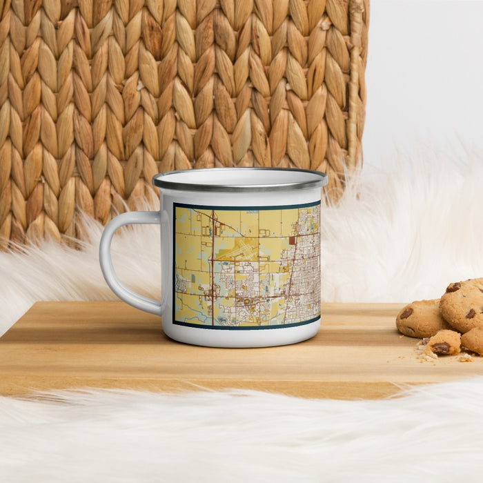 Left View Custom Kenosha Wisconsin Map Enamel Mug in Woodblock on Table Top