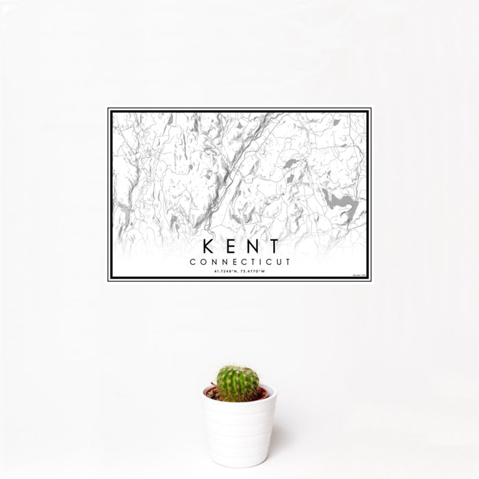 12x18 Kent Connecticut Map Print Landscape Orientation in Classic Style With Small Cactus Plant in White Planter