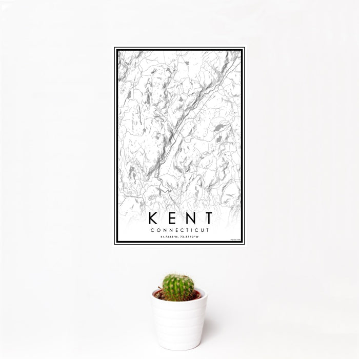 12x18 Kent Connecticut Map Print Portrait Orientation in Classic Style With Small Cactus Plant in White Planter