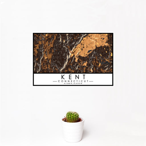 12x18 Kent Connecticut Map Print Landscape Orientation in Ember Style With Small Cactus Plant in White Planter