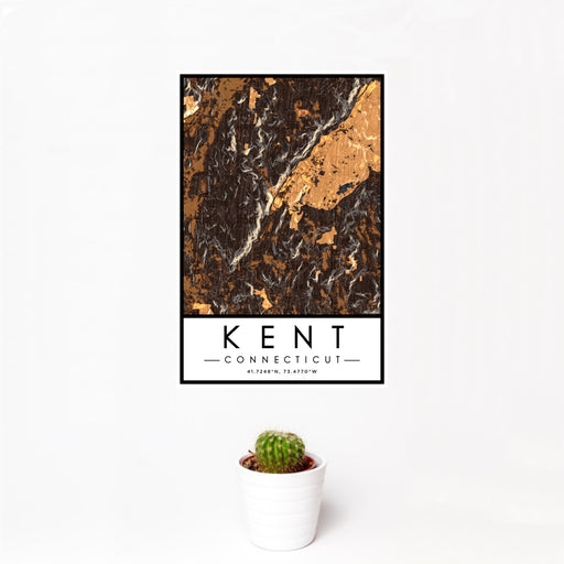 12x18 Kent Connecticut Map Print Portrait Orientation in Ember Style With Small Cactus Plant in White Planter