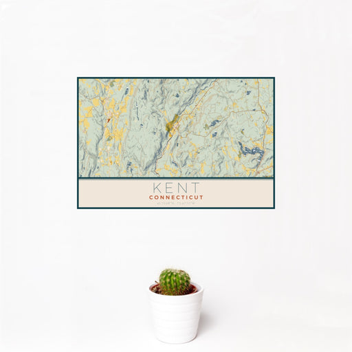 12x18 Kent Connecticut Map Print Landscape Orientation in Woodblock Style With Small Cactus Plant in White Planter