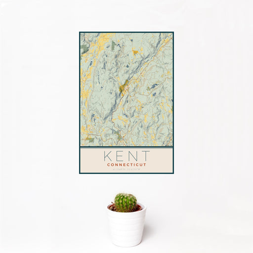 12x18 Kent Connecticut Map Print Portrait Orientation in Woodblock Style With Small Cactus Plant in White Planter