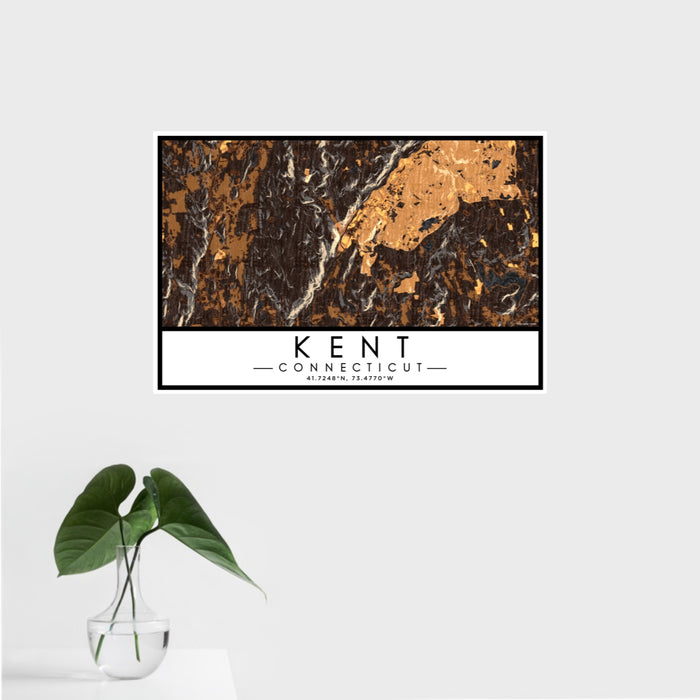 16x24 Kent Connecticut Map Print Landscape Orientation in Ember Style With Tropical Plant Leaves in Water
