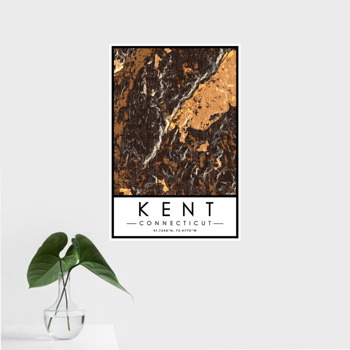 16x24 Kent Connecticut Map Print Portrait Orientation in Ember Style With Tropical Plant Leaves in Water