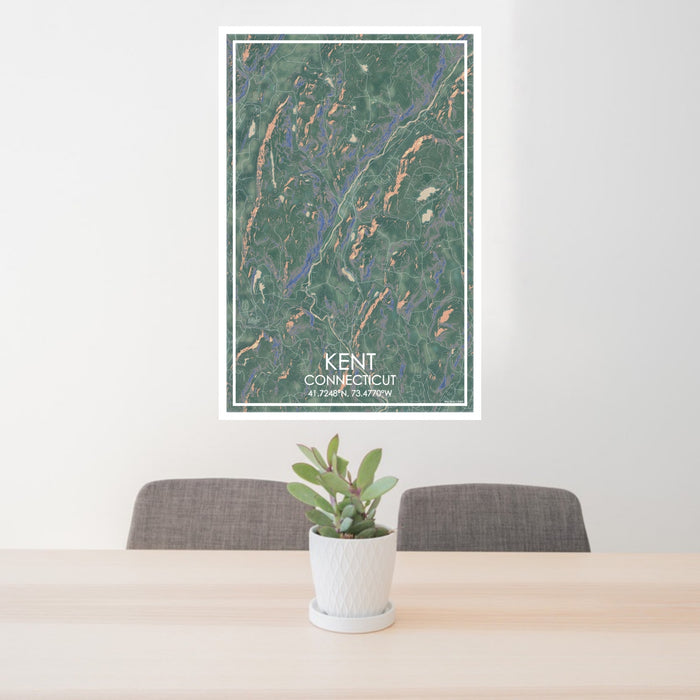 24x36 Kent Connecticut Map Print Portrait Orientation in Afternoon Style Behind 2 Chairs Table and Potted Plant