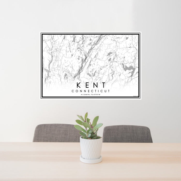 24x36 Kent Connecticut Map Print Lanscape Orientation in Classic Style Behind 2 Chairs Table and Potted Plant