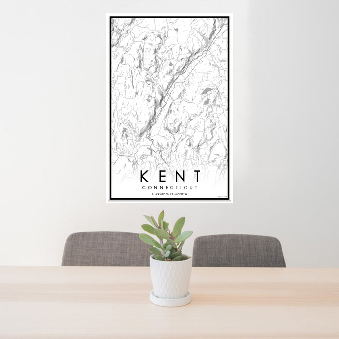 24x36 Kent Connecticut Map Print Portrait Orientation in Classic Style Behind 2 Chairs Table and Potted Plant