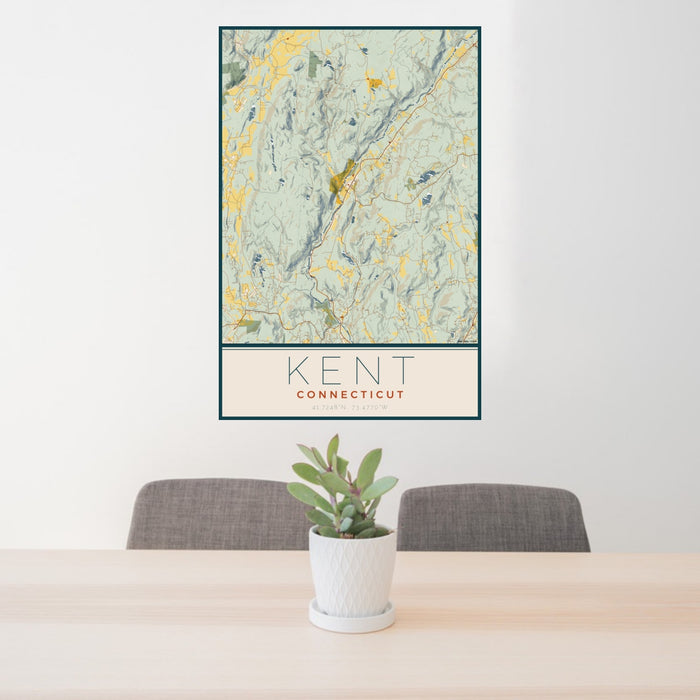24x36 Kent Connecticut Map Print Portrait Orientation in Woodblock Style Behind 2 Chairs Table and Potted Plant