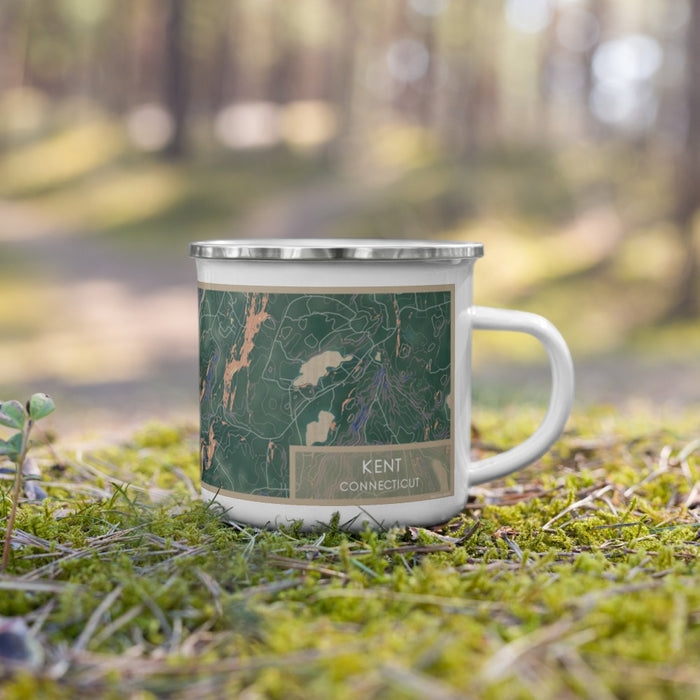 Right View Custom Kent Connecticut Map Enamel Mug in Afternoon on Grass With Trees in Background