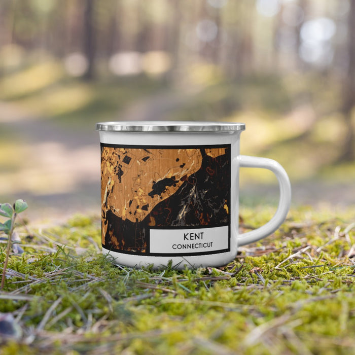 Right View Custom Kent Connecticut Map Enamel Mug in Ember on Grass With Trees in Background