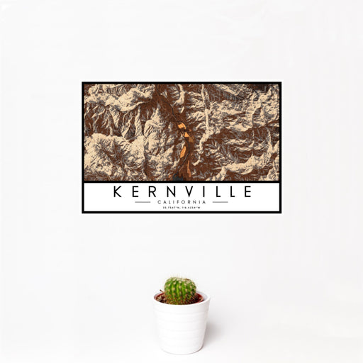12x18 Kernville California Map Print Landscape Orientation in Ember Style With Small Cactus Plant in White Planter