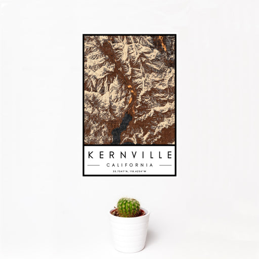 12x18 Kernville California Map Print Portrait Orientation in Ember Style With Small Cactus Plant in White Planter