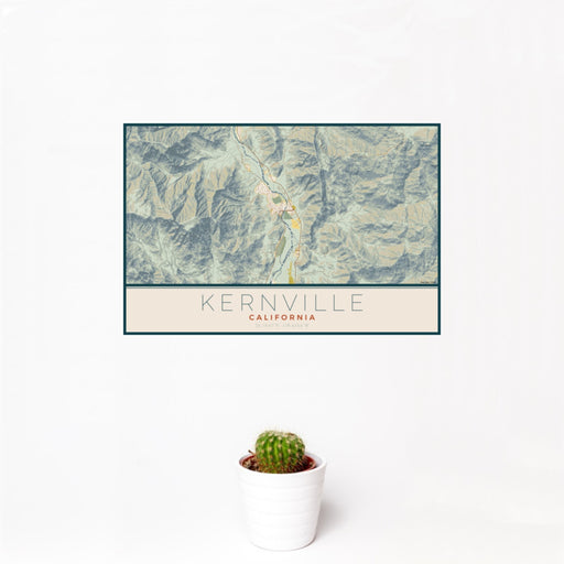 12x18 Kernville California Map Print Landscape Orientation in Woodblock Style With Small Cactus Plant in White Planter