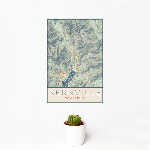 12x18 Kernville California Map Print Portrait Orientation in Woodblock Style With Small Cactus Plant in White Planter