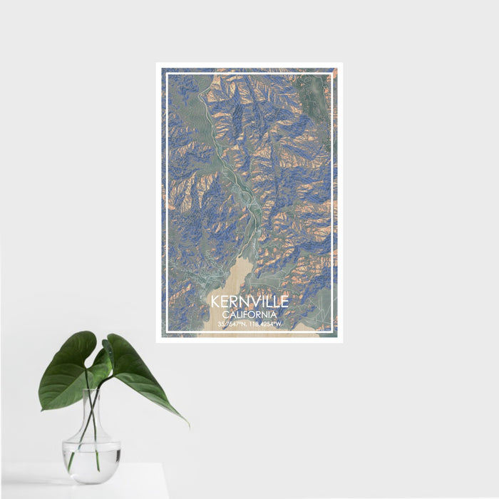 16x24 Kernville California Map Print Portrait Orientation in Afternoon Style With Tropical Plant Leaves in Water