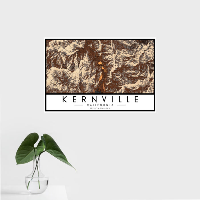 16x24 Kernville California Map Print Landscape Orientation in Ember Style With Tropical Plant Leaves in Water