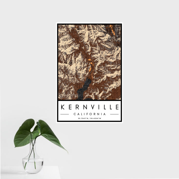 16x24 Kernville California Map Print Portrait Orientation in Ember Style With Tropical Plant Leaves in Water
