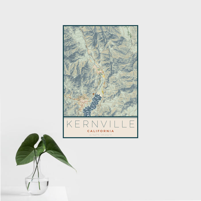 16x24 Kernville California Map Print Portrait Orientation in Woodblock Style With Tropical Plant Leaves in Water