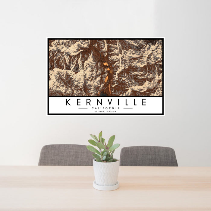 24x36 Kernville California Map Print Lanscape Orientation in Ember Style Behind 2 Chairs Table and Potted Plant
