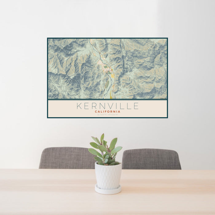 24x36 Kernville California Map Print Lanscape Orientation in Woodblock Style Behind 2 Chairs Table and Potted Plant