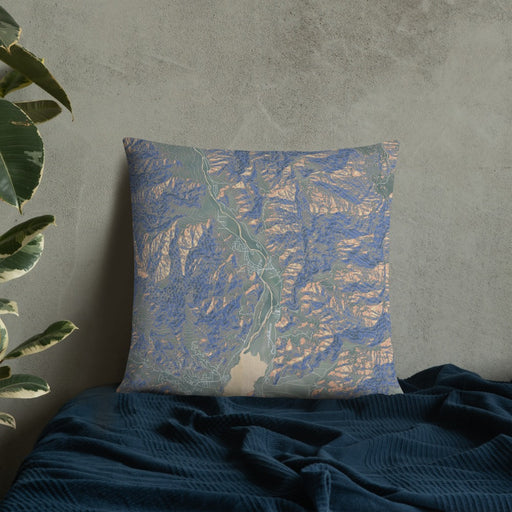 Custom Kernville California Map Throw Pillow in Afternoon on Bedding Against Wall