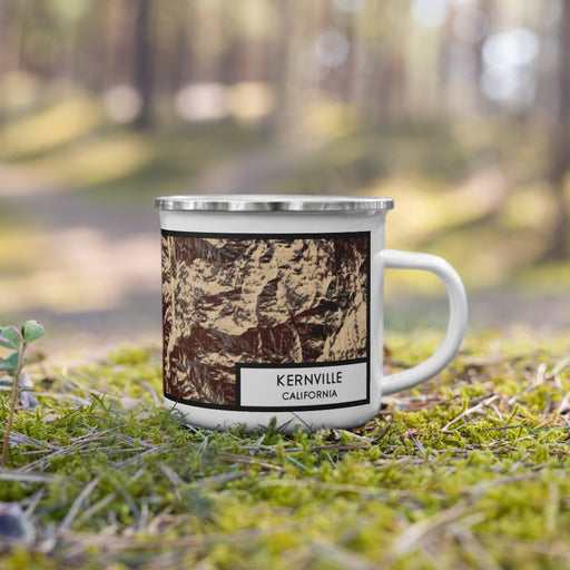 Right View Custom Kernville California Map Enamel Mug in Ember on Grass With Trees in Background