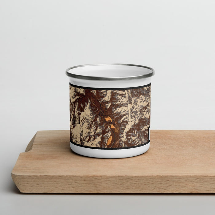 Front View Custom Kernville California Map Enamel Mug in Ember on Cutting Board
