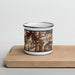 Front View Custom Kernville California Map Enamel Mug in Ember on Cutting Board