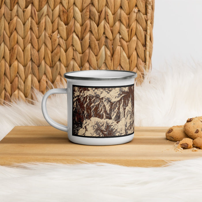 Left View Custom Kernville California Map Enamel Mug in Ember on Table Top