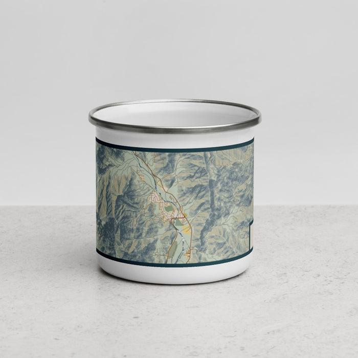 Front View Custom Kernville California Map Enamel Mug in Woodblock