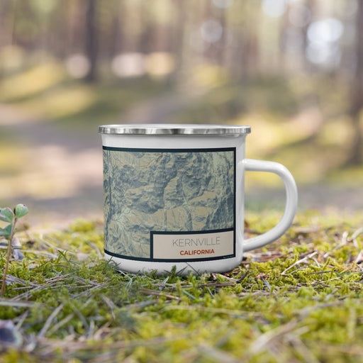 Right View Custom Kernville California Map Enamel Mug in Woodblock on Grass With Trees in Background