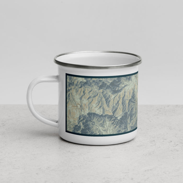 Left View Custom Kernville California Map Enamel Mug in Woodblock