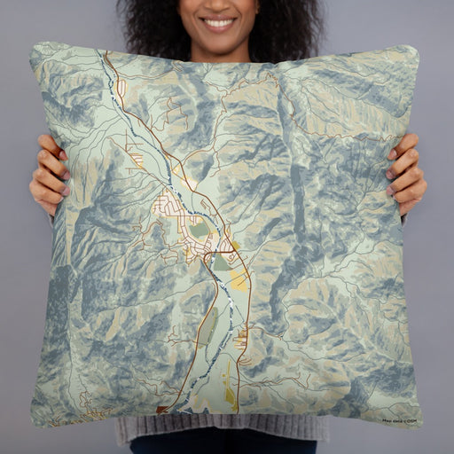 Person holding 22x22 Custom Kernville California Map Throw Pillow in Woodblock