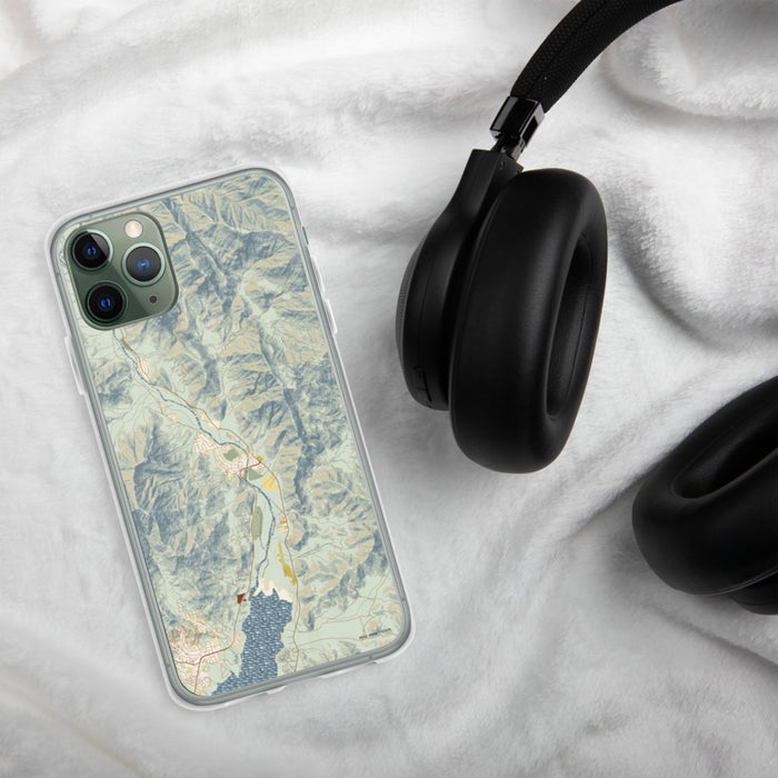 Custom Kernville California Map Phone Case in Woodblock on Table with Black Headphones
