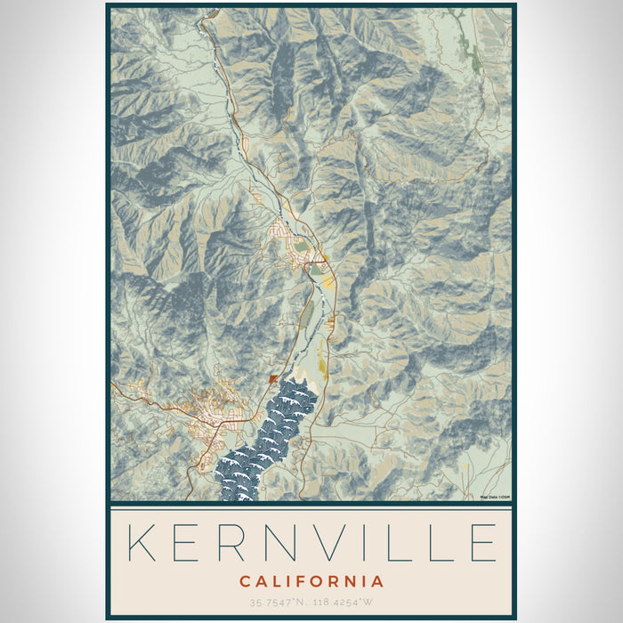 Kernville California Map Print Portrait Orientation in Woodblock Style With Shaded Background