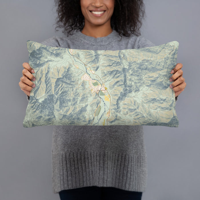 Person holding 20x12 Custom Kernville California Map Throw Pillow in Woodblock