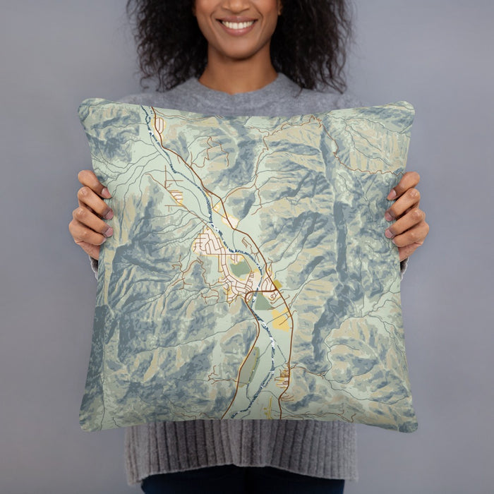 Person holding 18x18 Custom Kernville California Map Throw Pillow in Woodblock
