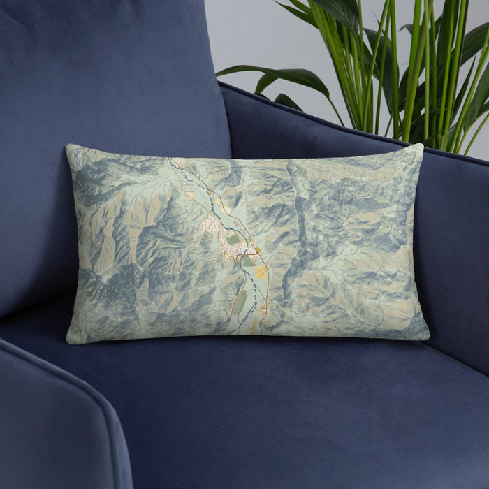 Custom Kernville California Map Throw Pillow in Woodblock on Blue Colored Chair