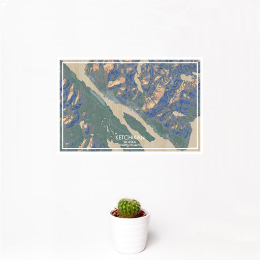 12x18 Ketchikan Alaska Map Print Landscape Orientation in Afternoon Style With Small Cactus Plant in White Planter