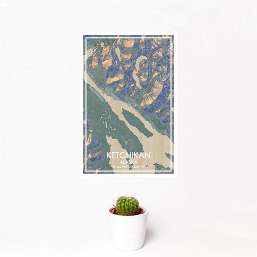 12x18 Ketchikan Alaska Map Print Portrait Orientation in Afternoon Style With Small Cactus Plant in White Planter
