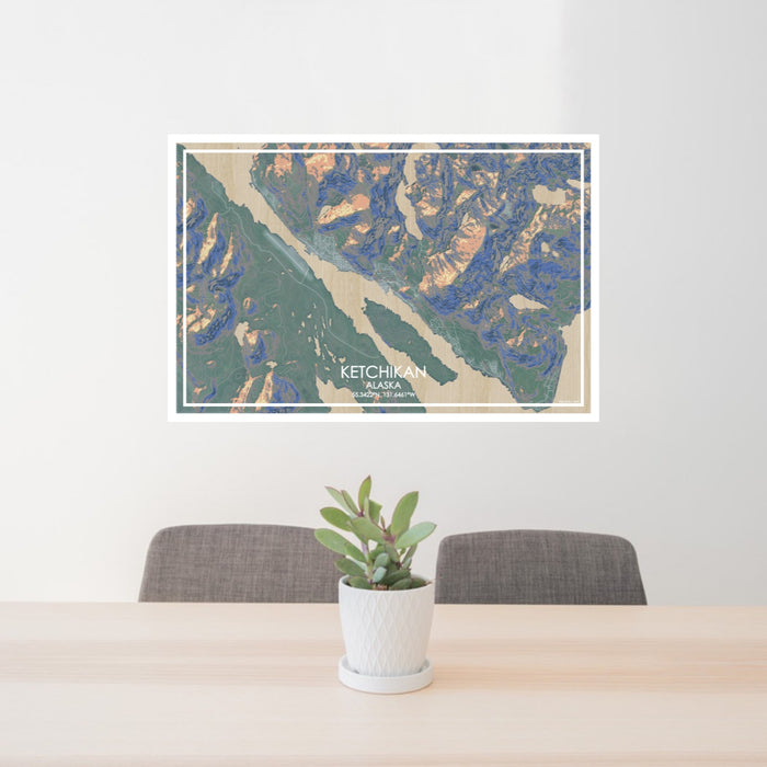 24x36 Ketchikan Alaska Map Print Lanscape Orientation in Afternoon Style Behind 2 Chairs Table and Potted Plant