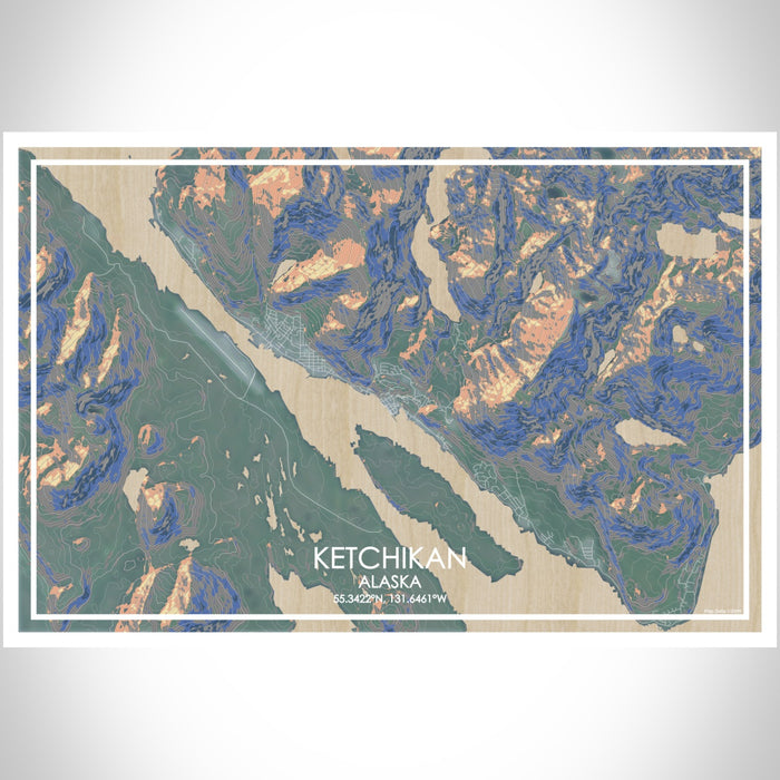 Ketchikan Alaska Map Print Landscape Orientation in Afternoon Style With Shaded Background