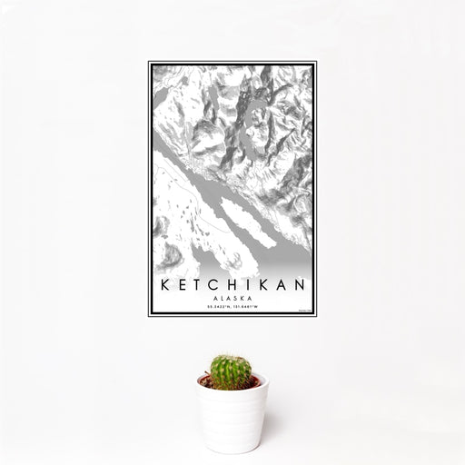 12x18 Ketchikan Alaska Map Print Portrait Orientation in Classic Style With Small Cactus Plant in White Planter