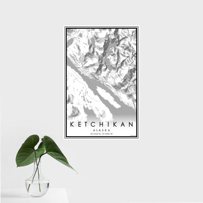 16x24 Ketchikan Alaska Map Print Portrait Orientation in Classic Style With Tropical Plant Leaves in Water